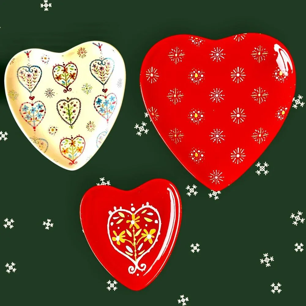 Department 56 Ceramic Trinket Dish Plate Heart Flowers Set of 3